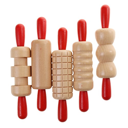 Preisvergleich Produktbild MagiDeal 5pcs Arten Muster Aus Holz Teigrolle Nudelholz spielzeug 16x4cm