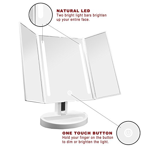 Auxent 3 Seiten Kosmetikspiegel mit LED Beleuchtung, Dimmbar durch Touch-Schalter, Blendfreie Bleuchtung, Schminkenspiegel mit 2 Klappbaren Seitenspiegeln für Makeup, Rasieren und Gesichtspflege - 3