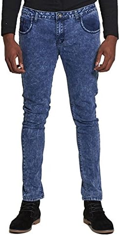 AARHON Mens Acid Wash Blue Skinny Jeans Faded Wide Leg Slim Fit Jeans Size UK-Blue-34R