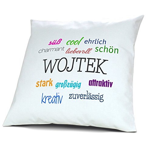 Kopfkissen mit Namen Wojtek - Motiv Positive Eigenschaften, 40 cm, 100% Baumwolle, Kuschelkissen, Liebeskissen, Namenskissen, Geschenkidee, Deko