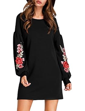 ROMWE Damen Rose Blumenstickerein Tunika Kleid Weit Geschnitten Glockenhülse Sommerkleid