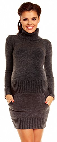 Zeta Ville Women's Maternity Knit Mini Dress Tunic Polo Neck Front Pocket - 178c (Graphite, UK 8/10)