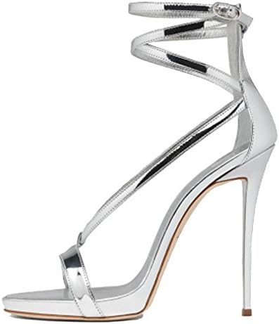 Emiki Women Solid Open Toe Ankle Strap Sandals Luxury Patent Leather Thin Heels Gladiator Ladies Shoes Customized-Silver-UK2.5