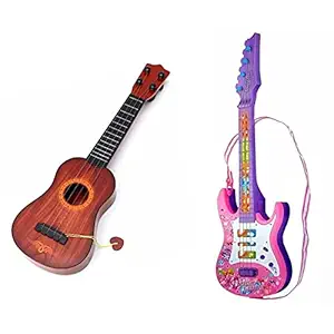 Pink Colorfull Light and Musical Guitar & 4 Strings Wooden Finish Plastic Guitar for Kids