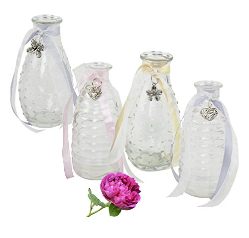 4er Set Glasvasen / kleine Vasen mit Anhänger (Tischdekoration, Gastronomie Deko uvm)
