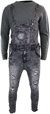 Mens Slim Fit Ripped Black Washed Dungarees Jeans Retro Casual