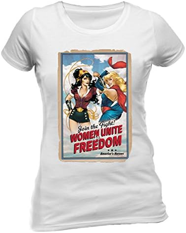 Official DC Comics DC Justice League Bombshells Wonder Woman Supergirl Unite Womens Fitted T-Shirt Tee, White XL