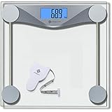 Etekcity Digitale Personenwaage Körperwaage Gewichtswaage Digitalwaage aus Sicherheitsglas, 5kg-180kg, Slim Design, mit Großem LCD-Display, Inkl. Maßband