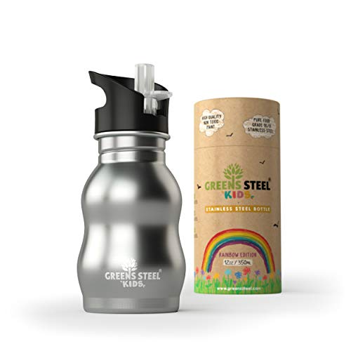 Preisvergleich Produktbild Greens Steel Edelstahl Wasserflasche für Kinder - 350ml Trinkbecher mit auslaufsicherem Sportverschluss und Strohhalm - Kinderfreundliche Flasche für Kleinkinder (Rostfreier Stahl)