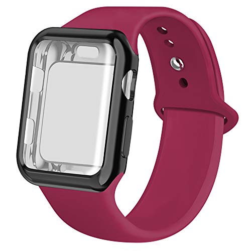 jwacct Compatible para Apple Watch Band con Protector de Pantalla 38 mm 40 mm 42 mm 44 mm, Silicona Suave Banda Deportiva de Repuesto Compatible para Apple iWatch Series 1/2/3/4, 44 mm, Rojo Vino