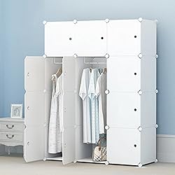 PREMAG Armoire Penderie Portable Storage Modulable Meuble Étagères de Rangement DIY avec Blanc Portes pour Vêtements Chaussures Jouets Livres Bibelots (12-Cube, Stickers supplémentaires Inclus)