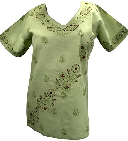 Handmade Cotton Short Top Tunic Kurti Dress with Sensational Chikankari Embroidery Light Green Half Sleeve
