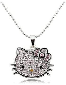 versilbert kette mit großem Hello Kitty Czech CZ Kristall-Anhänger ; mit Rhodium überzogen, 16 cm, Schwarz Rot...