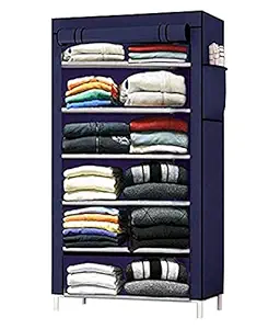 Zemic Multipurpose 6 Shelve Baby Wardrobe, Foldable, Collapsible Fabric Wardrobe Organizer for Clothes (PVC Plastic and Non Woven Fabric - Grey) (6-Shelve, Navyblue)