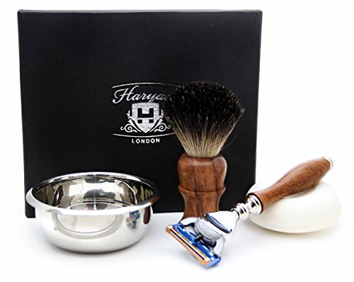 4 PIECES WOODEN SHAVING SET FOR MEN'S GROOMING. THE SET INCLUDES PURE BLACK BADGER HAIR SHAVING BRUSH,GILLETTE FUSION RAZOR,BOWL & FREE SOAP. PERFECT AS A GIFT THIS CHRISTMAS FOR HM.SPECIAL EDITION.