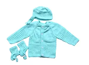 The Baby First Box Newborn Baby Handknitted Full Sleeves Woolen Sweater Set (Green) | Set of 3pcs 0-3 Months