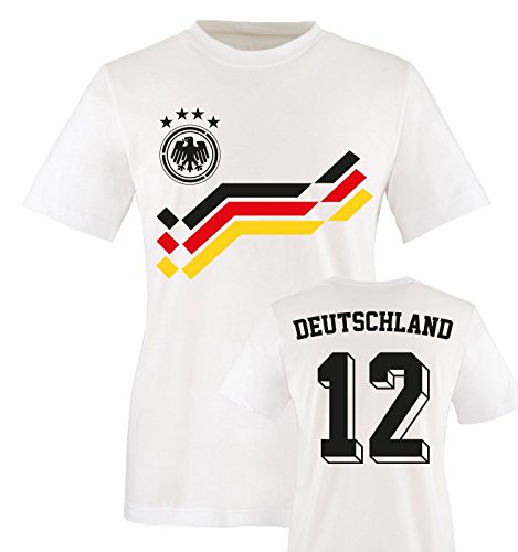 EM 2016 – RETRO-TRIKOT – DEUTSCHLAND – 12 – Herren T-Shirt – Weiss / Schwarz-Rot-Gelb Gr. XL