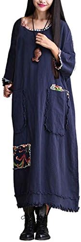 Gearia Women Vintage Linen Crewneck Pockets Loose Casual Baggy A Line Long Maxi Dress Navy Blue
