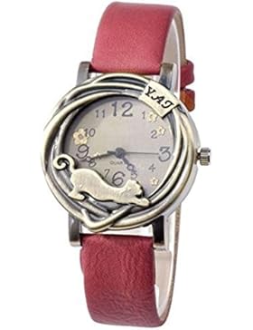 Damen Katze & Blumen Quartz Analog Uhr Armbanduhr Bronze Gehäuse Rot