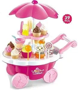 KIZZIE INTERNATIONAL Ice Cream Toy Cart Play Set for Kids 39 Piece Pretend Play- Ice-Cream Trolley Without Music & Lighting - Great Gift for Girls and Boys Ages 3 - 12 Years Old (39-PCS -Pink)