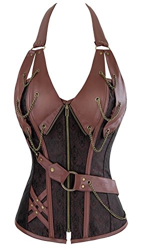 Charmian Women's 14 Spiral Steel Boned Steampunk Retro Halter Leather Bustier Corset Plus Size Heavy-Strong-Steel-Halter-Brown XXX-Large steampunk buy now online Charmian Women's 14 Spiral Steel Boned Steampunk Retro Halter Leather Bustier Corset Plus Size Heavy-Strong-Steel-Halter-Brown XXX-Large steampunk buy now online