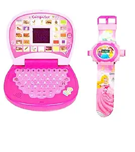 tern kids laptop, led display, with music,educational laptop with light and sound+projector watch with 24 image bright light for girls-Pink