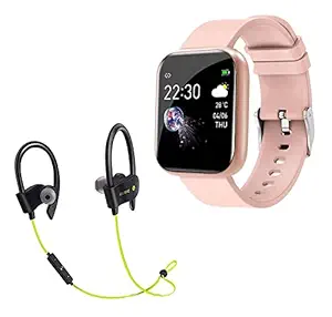 Texton (SPECIAL WITH 12 YEARS WARRANTY) TechKing Waterproof Smart Watch D-20 Touch Men Women Fitness Tracker Blood Pressure Heart Rate Monitor for Girls & Boys with K1 Wireless Bluetooth Headset Hand-Free Calling, Sweatproof-ROSEGOLD