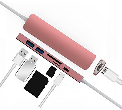 Aluminum USB 3.0 C Hub Adapter Type C Hub with Power Delivery, 4K Video HD Port, SD/TF Card Reader, 2 SuperSpeed USB 3.0 Ports for MacBook/MacBook Pro/Lenovo/Dell and Other Type-c laptops，Rose