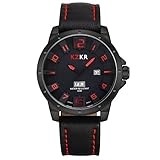KZKR Herren Uhr Analog Quarzwerk mit Leder Armband Schwarz Datum W382-R
