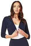 Con detalles en relieve, tejido ligero y mangas 3/4 de longitud, esta chaqueta tipo bolero recortada es perfecta para ocasiones especiales, o simplemente vestir un atuendo casual.