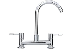 HONI Kitchen Sink Mixer Taps 2 Hole Dual Lever Faucet 1/4 Turn Dual Lever Modern Kitchen Taps Deck Mounted 360° Swivel Spout Chrome Brass with UK Standard Fittings
