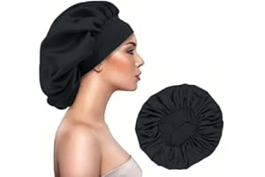 IMAXWAVE Gorro de satén para dormir cabello rizado con banda elástica ancha, anti frizz, protector de rizos y retención de humedad para mujeres y niñas, Gorro de ducha, Elástico, Negro