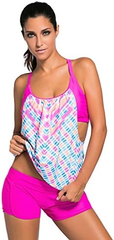 Aozen Women's Floral Sporty Double Push Up Tankini Top with Boyshort Bikini Set A6-41990-Rose-S