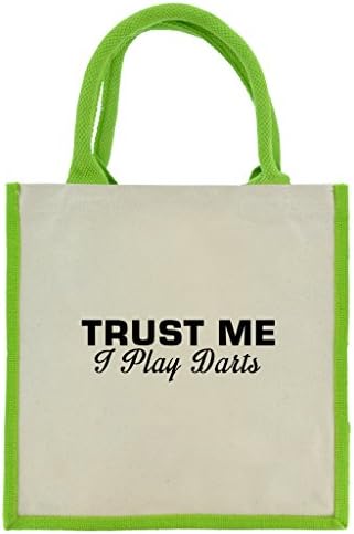 Trust Me I Play Darts in Black Print Jute Midi Shopping Bag with Green Handles and Trim