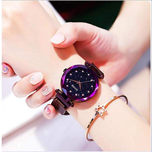 Reloj para Mujer Reloj De Metal A Prueba De Agua Premium Reloj con Esfera De Diamantes Starry Sky Girl Watch,Purple