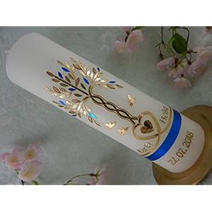 Hochzeitskerze Traukerze Lebensbaum Herz Tauben blau gold 250/70 mm inkl. Beschriftung