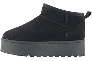 MIOBER Women's Suede Platform Mini Low Ankle Boots,Slip On,Ladies Faux Fur Ultra Snow Boot,Winter Shoes