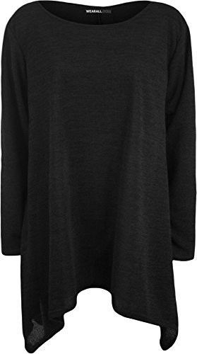 Plus Size Womens Plain Long Sleeve Hanky Hem Ladies Knitted Swing Top - Black - 20-22