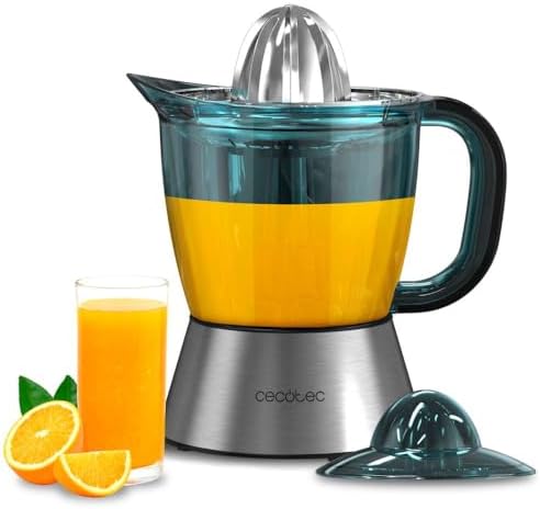 Cecotec Spremiagrumi elettrico per arance e agrumi Zitra Steel. 40 W e filtro in plastica, 2 coni in plastica, doppio senso di rotazione, accensione automatica, tamburo con capacità di 1 l