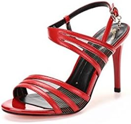 Europe and America Women's Shoes Genuine Leather Summer Sandals Slim High Heel Fashion Round Head Shallow Mouth Leather Shoes (Color : Red, Size : 35)