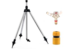 OKESYO Aspersor de césped, grandes superficies con trípode, trípode aspersor de metal, aspersor giratorio automático, aspersor de césped de 360 grados para patio, jardín, césped