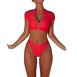 Muium Damen Mode Sportart Zweiteiliger Badeanzug mit kurzen Ärmeln 2019 Sommer Swimsuit2-RosaL