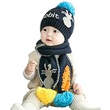  Conjunto de gorro y bufanda de invierno para bebés y niños con pompón, gorro de conejo, bufanda, gorro y gorro de lana gruesa, forro de felpa gruesa, 6 - 36 meses Azul azul marino Talla única