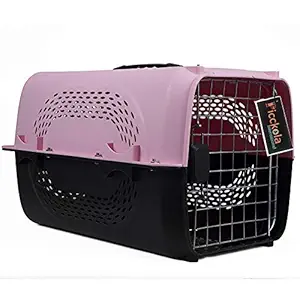 Picckola International Imported Plastic Portable Pet Travel Carrier Dog Cat Rabbit Handle Hinged Door Folding Collapsible Transport Box Crate Cage Size 19.5 x 13 x 12.5 Inch for Puppy Cats (Pink)