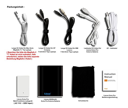 Lizone® Extra Pro Super Kapazität 40000mAh tragbar Externer Akku Batterie Power Bank Ladegerät mit Notizbuch, Laptop Apple MacBook Air , MacBook Pro , MacBook , Powerbook und iBook ; HP Compaq Pavilion , Mini, ElifeBook , ProBook , Presario , Neid und G; IBM Lenovo ThinkPad und IdeaPad; USB-Port für iPad Air, iPad Mini, iPad und iPhone ; Samsung Galaxy Nexus , MOTO , G, LG , HTC und Mehr -Aluminium Körper als Original MacBook Körper (nicht Kunststoff ) – 18 Monate Garantie (40000mAh Schwarz) - 6