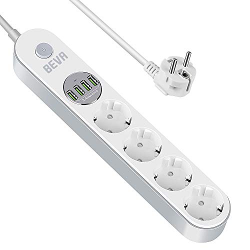 BEVA Multiprise Parasurtenseur Parafoudre 4 Prises EU avec 4 Prises USB 2,4A Maximum, Multi Prises 2500W / 10A avec Interrupteur, Protection Contre Surcharges et Surtensions, Cable de 2m