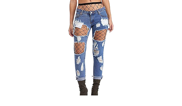 Damen Boyfriend Jeans Skinny Ripped Jeanshosen Mit Perfect Netzstrumpfhose  Trousers Taste Mit Taschen Outdoor Freizeithose Style (Color : Blau, Size :  2XL) : Amazon.de: Bekleidung