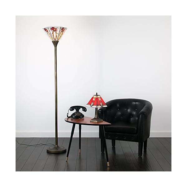 Tiffany Style Bronze Base and Red and White Stained Glass Designer Aztec Table Lamp - Image 4
