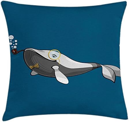 Whale Decor Throw Pillow Cushion Cover, Cartoon White Whale with Bow Tie Glasses and a Pipe with Bubble Image, Decorative Square Accent Pillow Case, 18X18 Inches, Blue Wh,te and Grey