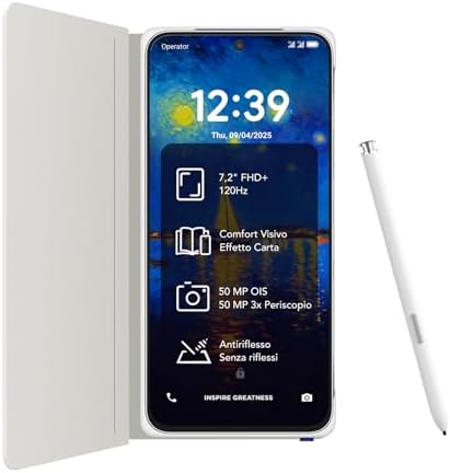 TCL NXTPAPER 60 Ultra 5G Smartphone Android, 7,2" FHD+, 12 GB RAM + 512 GB ROM, telefono con protezione per gli occhi, bianco lunare, con cover flip e stilo